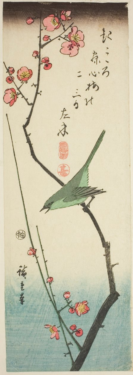 Lasówka krzewiasta na gałęzi śliwy autorstwa Utagawa Hiroshige