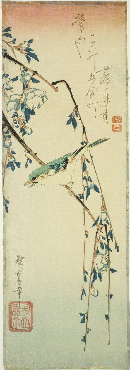 Lasówka krzewiasta na gałęzi śliwy autorstwa Utagawa Hiroshige