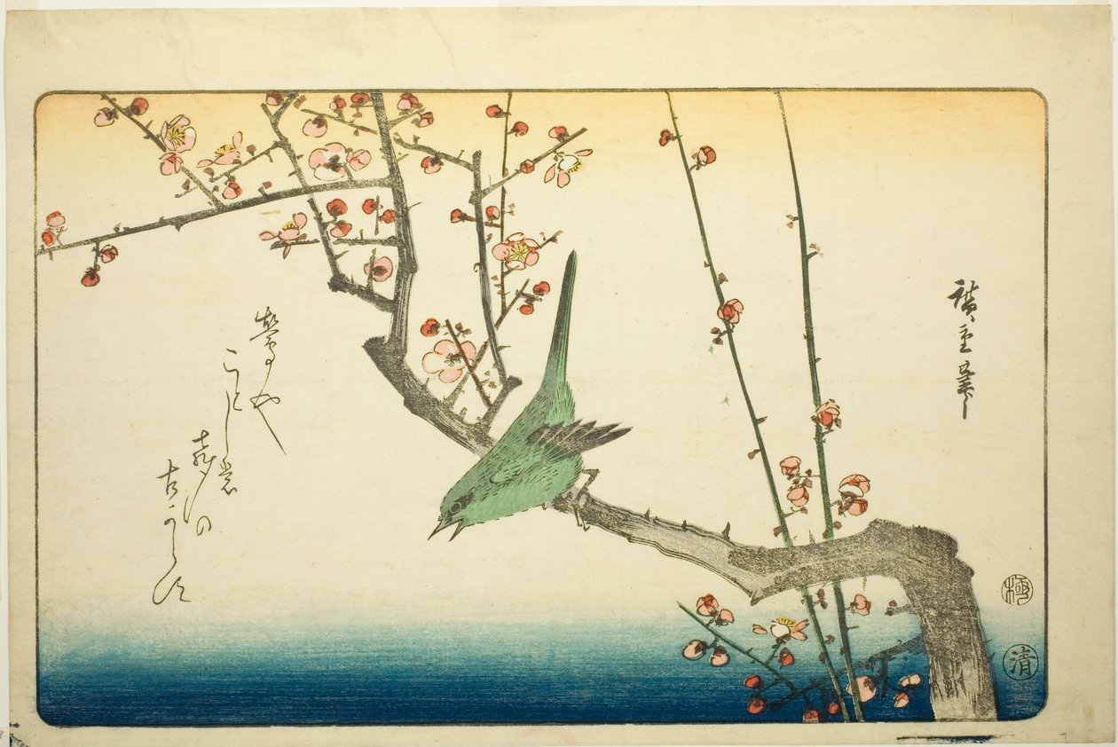 Lasówka krzewiasta na gałęzi śliwy autorstwa Utagawa Hiroshige