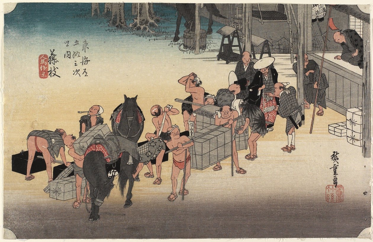 Przemiana tragarzy i konie, Fujieda, c. 1833 autorstwa Utagawa Hiroshige