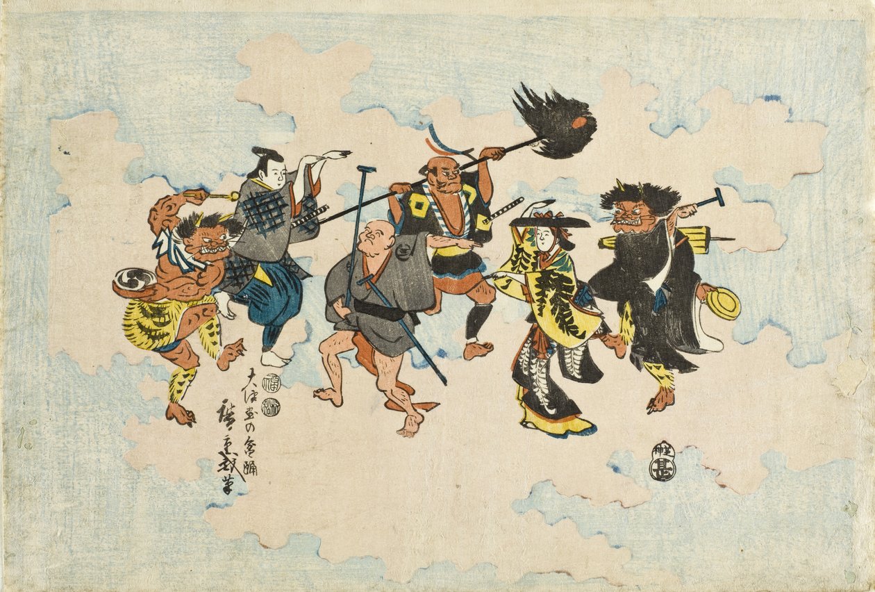 Postacie z ludowych obrazów Ōtsu-e tańczące bon-odori autorstwa Utagawa Hiroshige