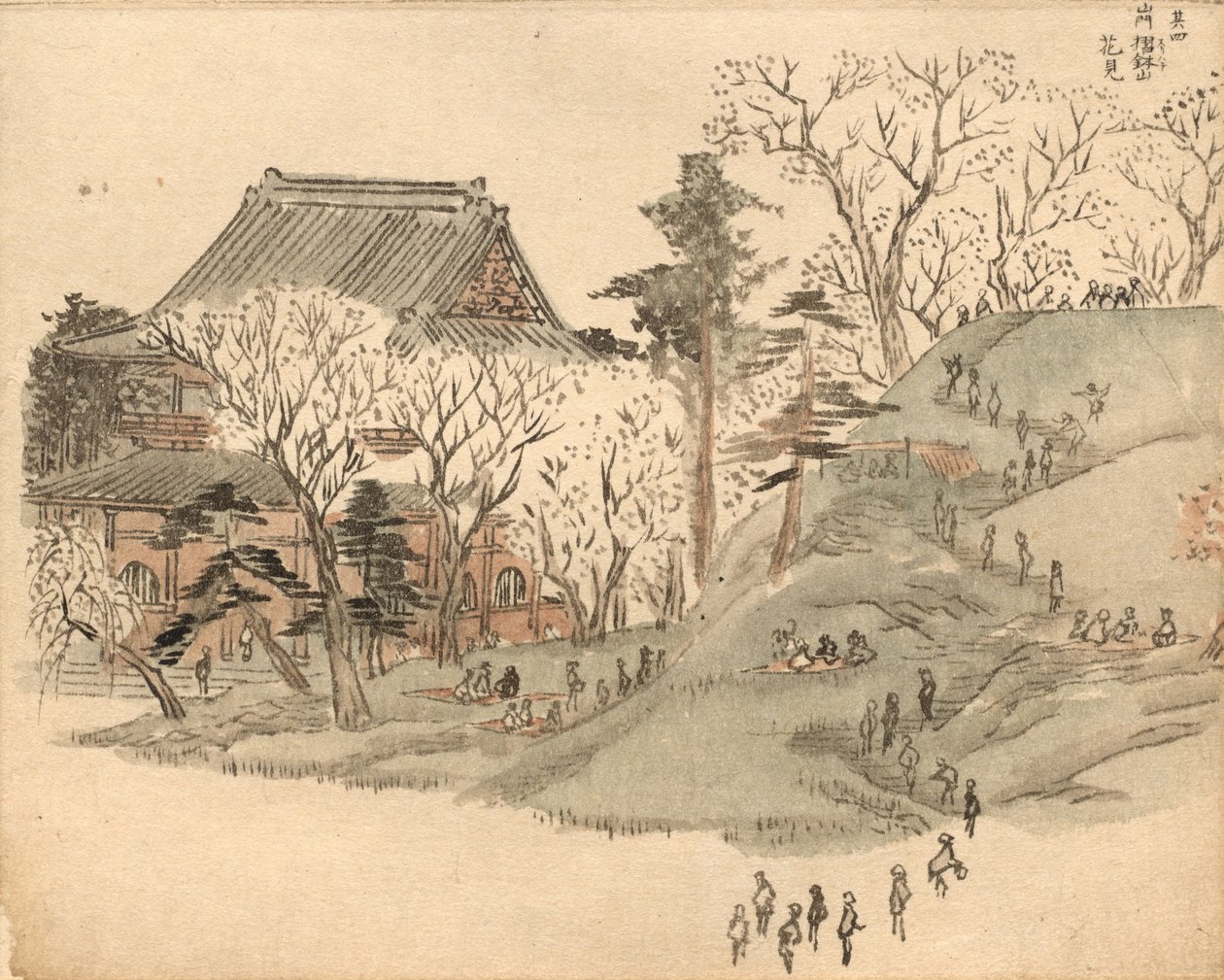 Podziwianie kwitnących wiśni w świątyni na górze Suribachi według ilustracji z tomu 5 „Ilustrowanej książki pamiątek z Edo” („Ehon Edo miyage”) autorstwa Utagawa Hiroshige