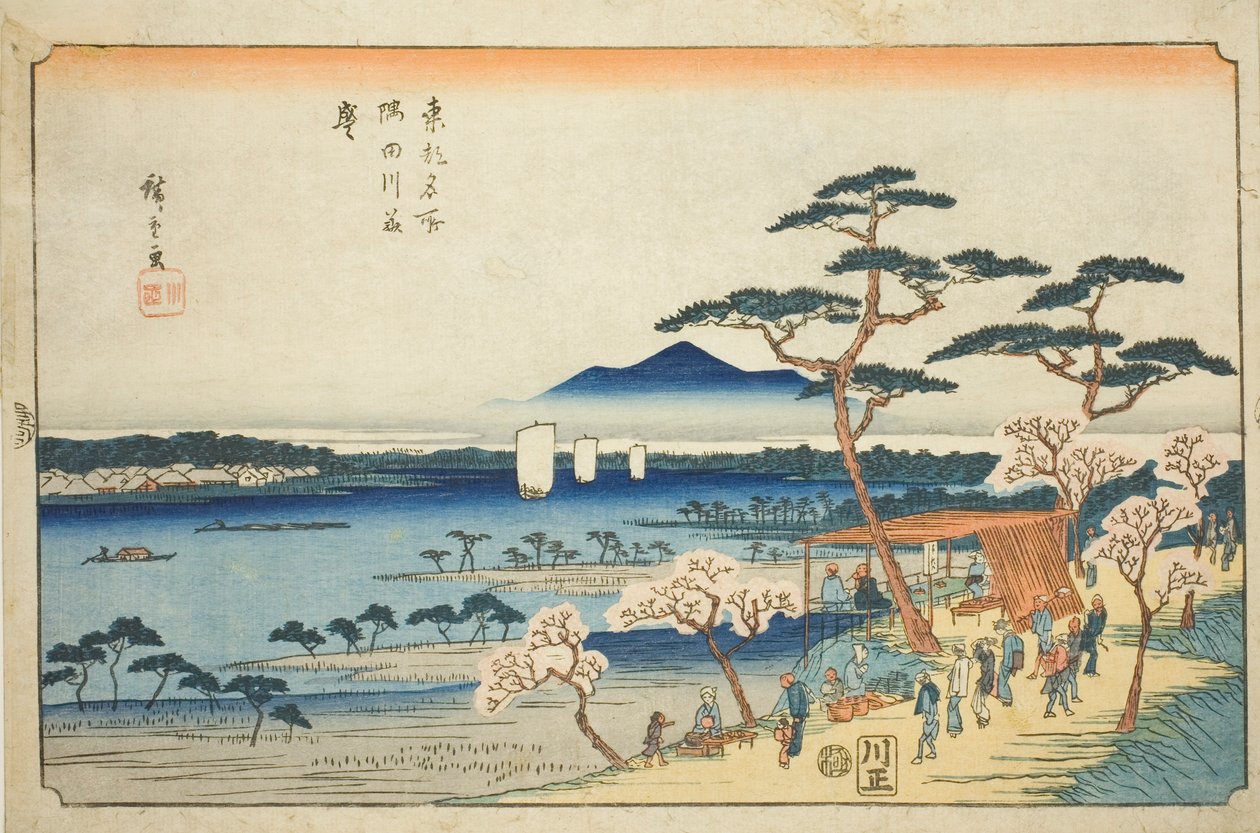 Kwiaty wiśni w pełnym rozkwicie wzdłuż rzeki Sumida (Sumidagawa hanazakari), z serii „Słynne miejsca we wschodniej stolicy (Toto meisho)” autorstwa Utagawa Hiroshige