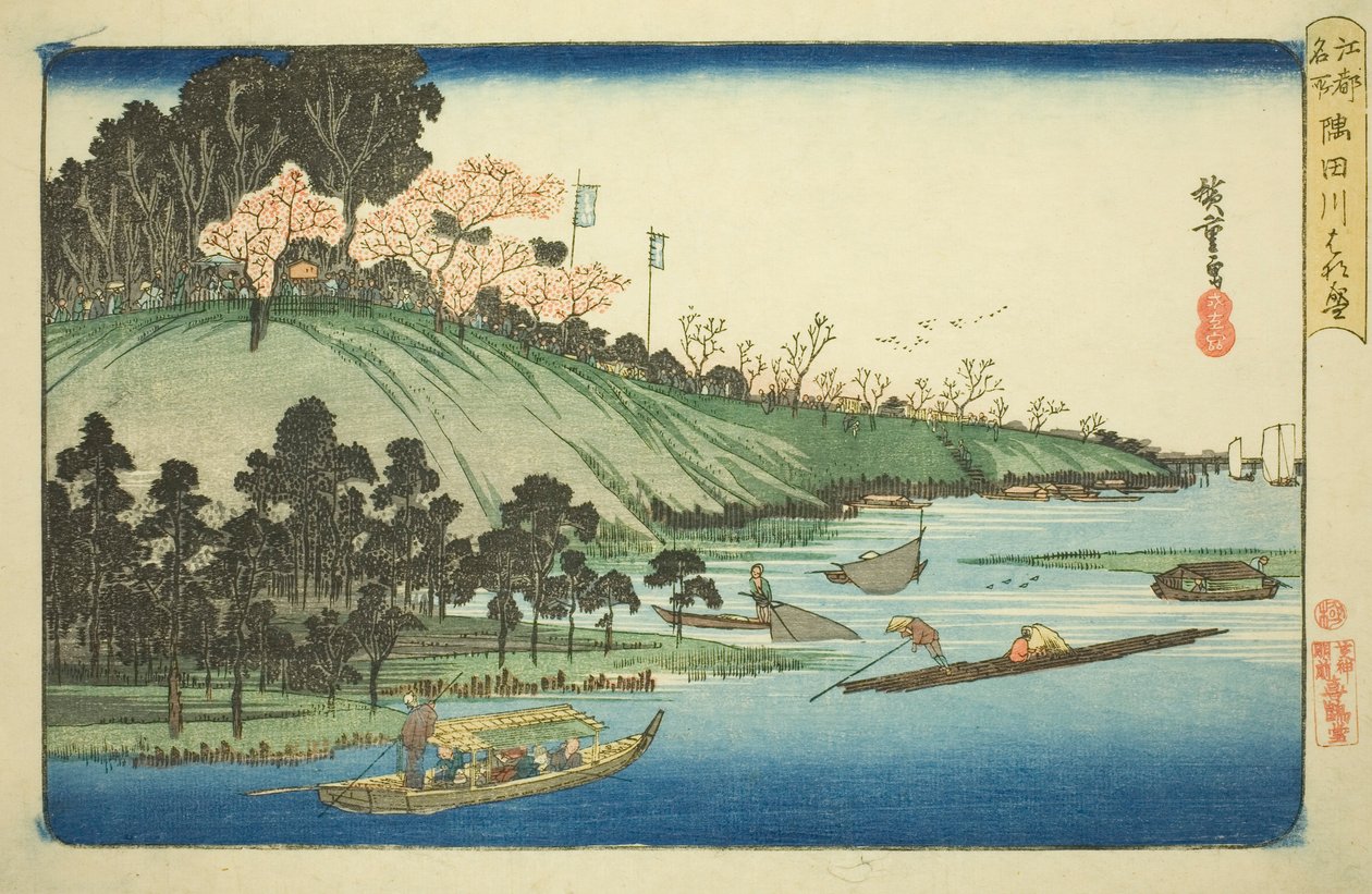 Kwiaty wiśni w pełnym rozkwicie wzdłuż rzeki Sumida (Sumidagawa hanazakari), z serii „Słynne miejsca w Edo (Koto meisho)” autorstwa Utagawa Hiroshige
