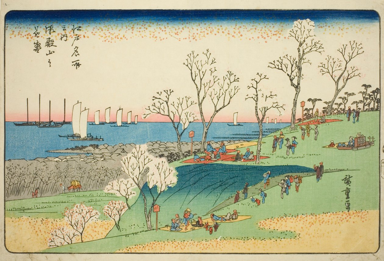 Wiśniowe kwiaty w pełnym rozkwicie na wzgórzu Goten (Gotenyama no hanazakari), z serii „Słynne miejsca w Edo (Edo meisho no uchi)” autorstwa Utagawa Hiroshige