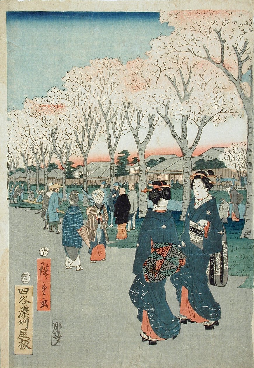 Kwiaty wiśni na nabrzeżu rzeki Jewel autorstwa Utagawa Hiroshige