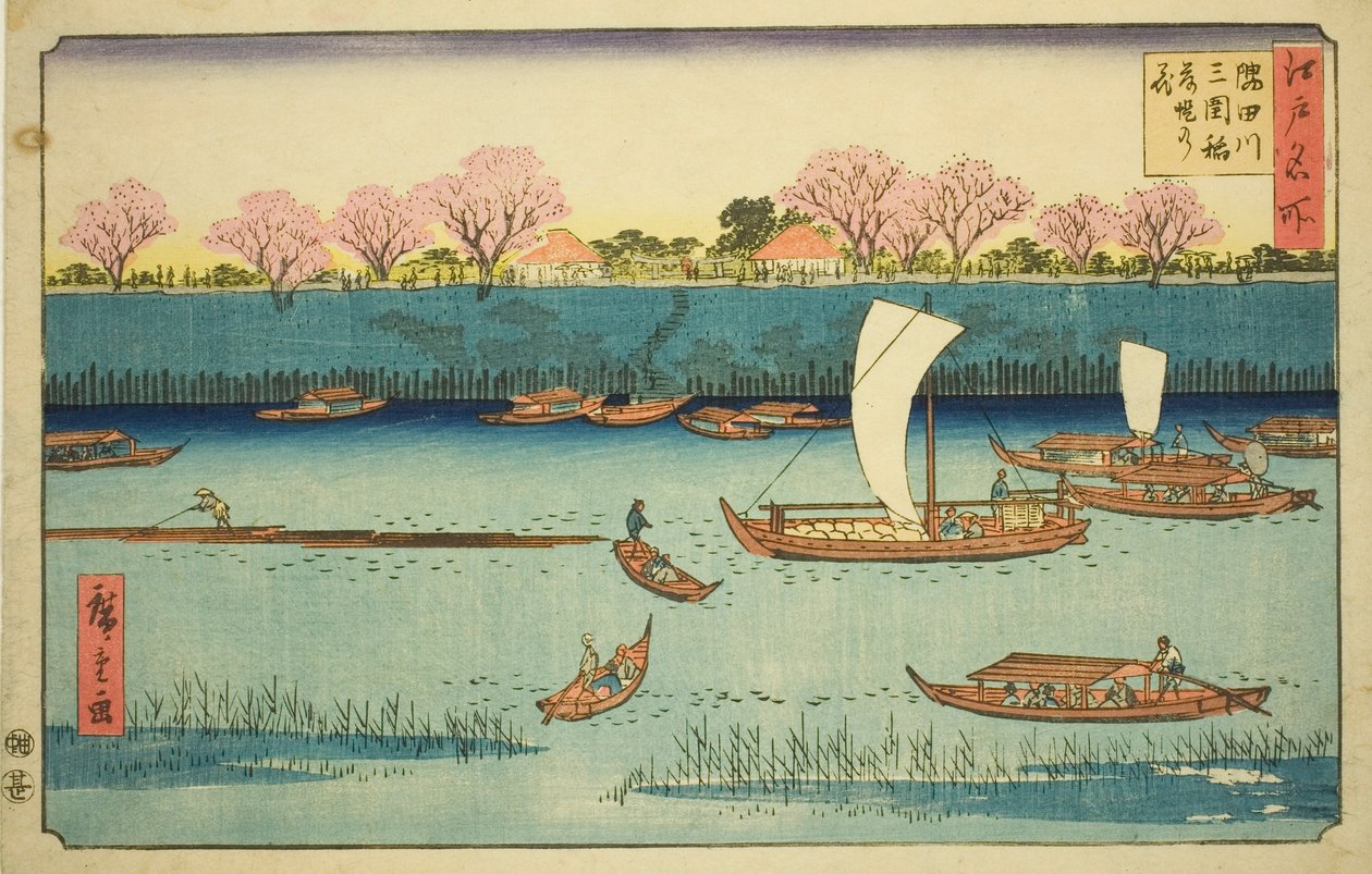 Wiśnie wzdłuż nabrzeża rzeki Sumida w świątyni Mimeguri Inari (Sumidagawa Mimeguri Inari tsutsumi no hana), z serii „Słynne miejsca w Edo (Edo meisho)” autorstwa Utagawa Hiroshige