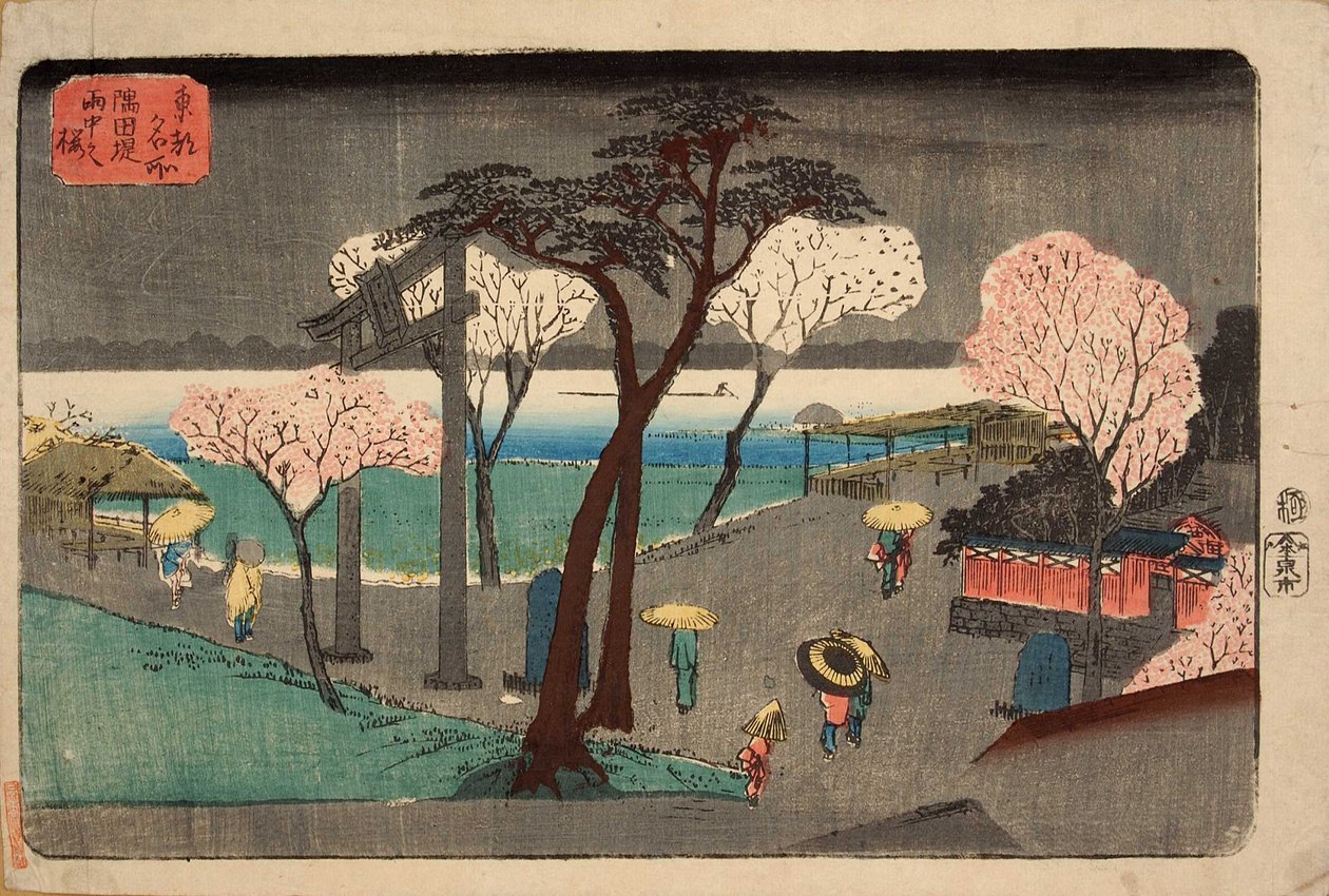 Wiśniowe drzewa w deszczu na nabrzeżu rzeki Sumida. Sumida zutsumi uchû no sakura autorstwa Utagawa Hiroshige