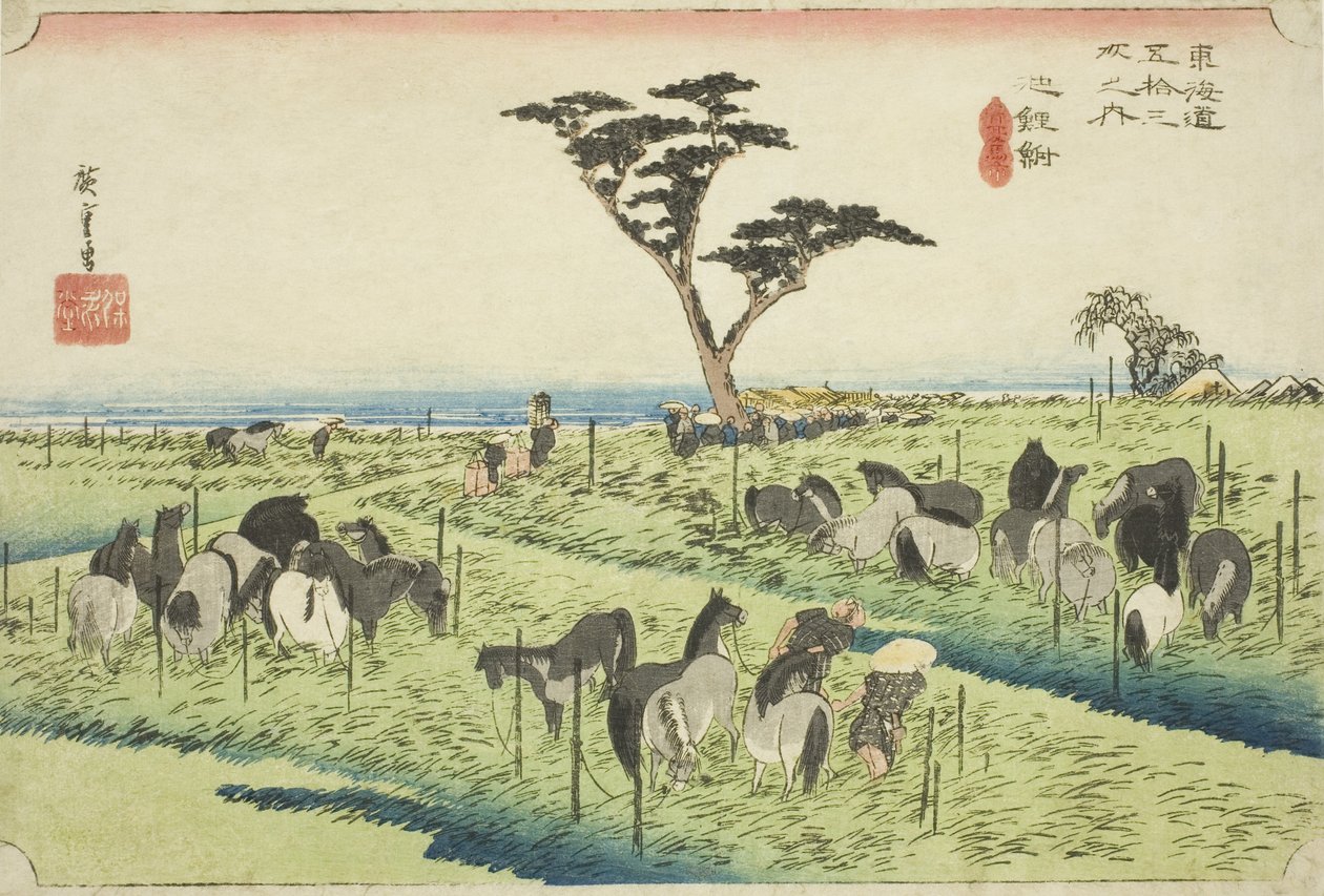 Chiryu: Wczesny Letni Targ Koni (Chiryu, shuka uma ichi), z serii „Pięćdziesiąt trzy stacje Tokaido (Tokaido gojusan tsugi no uchi),” znany również jako Hoeido Tokaido autorstwa Utagawa Hiroshige