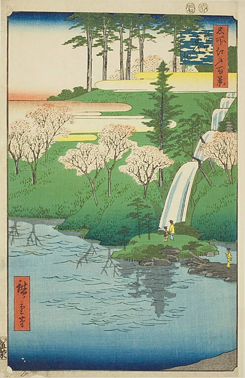 Staw Chiyogaike, Meguro (Meguro Chiyogaike), nr 23 z serii "Sto słynnych widoków Edo (Meisho Edo hyakkei)". autorstwa Utagawa Hiroshige