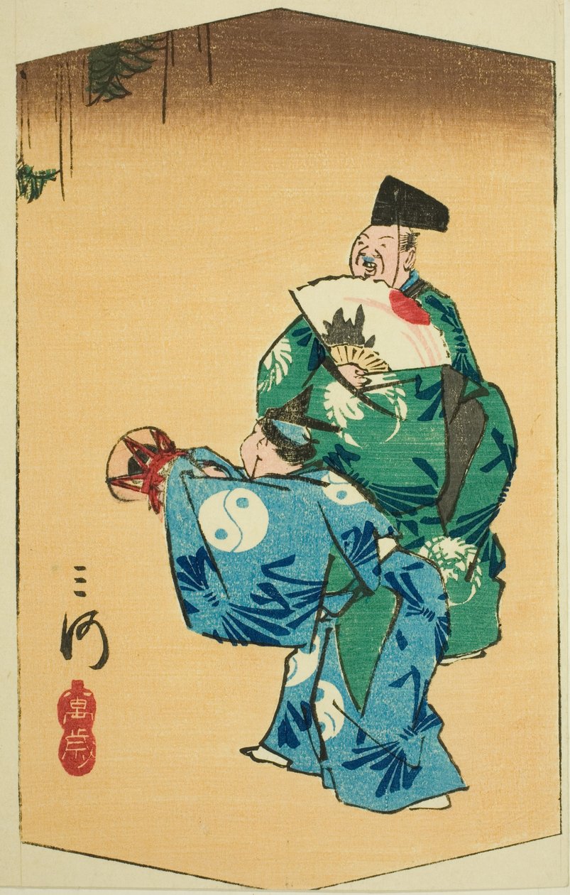 Tancerze komiksowi w prowincji Mikawa (Mikawa, manzai), część arkusza nr. 4 z cyklu "Wycinane obrazy prowincji (Kunizukushi harimaze zue)" autorstwa Utagawa Hiroshige
