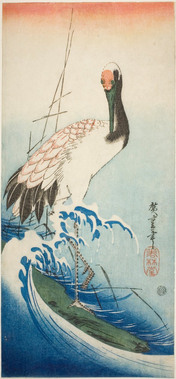 Żuraw i fale autorstwa Utagawa Hiroshige