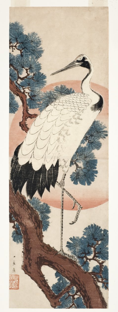 Żuraw w sośnie o wschodzie słońca, 1850-55 (drzew) autorstwa Utagawa Hiroshige