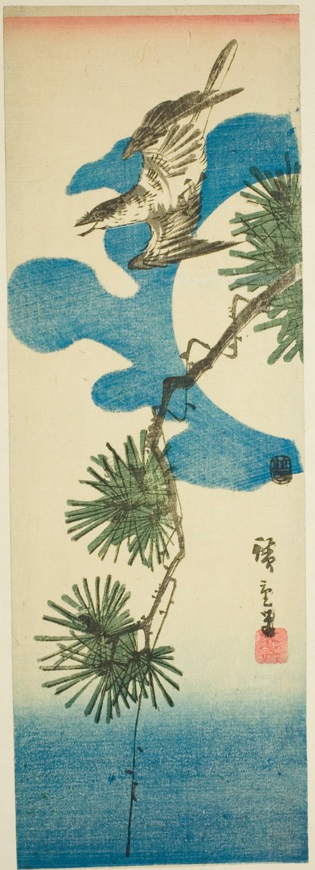 Kukułka, gałązka sosny i pełnia księżyca autorstwa Utagawa Hiroshige