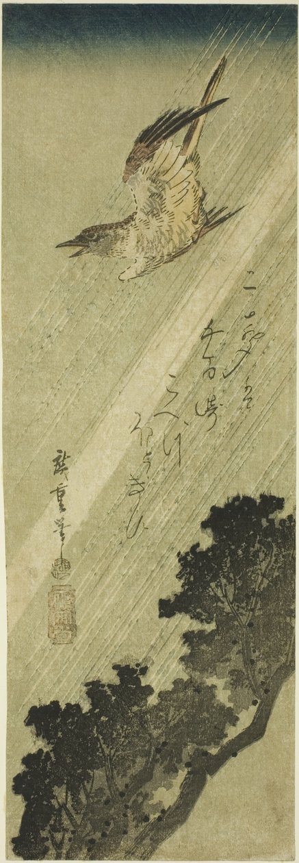 Kukułka latająca w deszczu autorstwa Utagawa Hiroshige