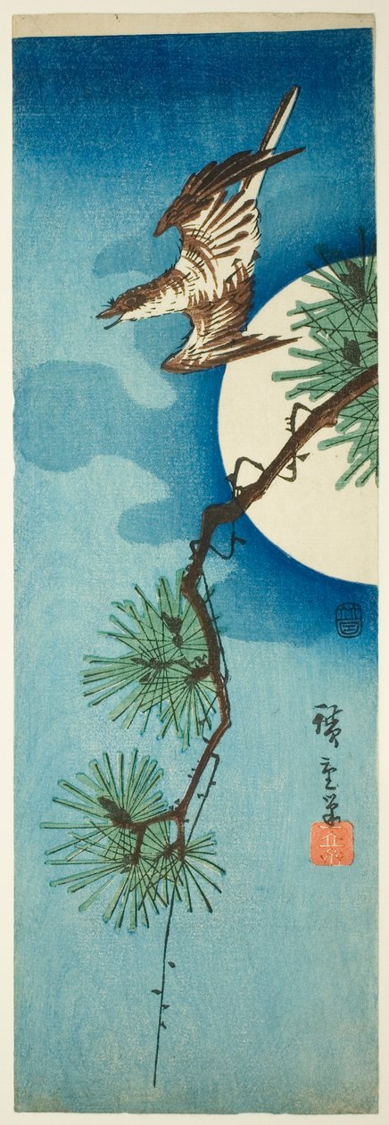 Kukułka, gałąź sosny i księżyc w pełni autorstwa Utagawa Hiroshige