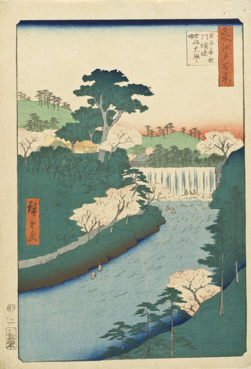 Tama na rzece Otonashi w Ōji, znana powszechnie jako „Wielki Wodospad” autorstwa Utagawa Hiroshige