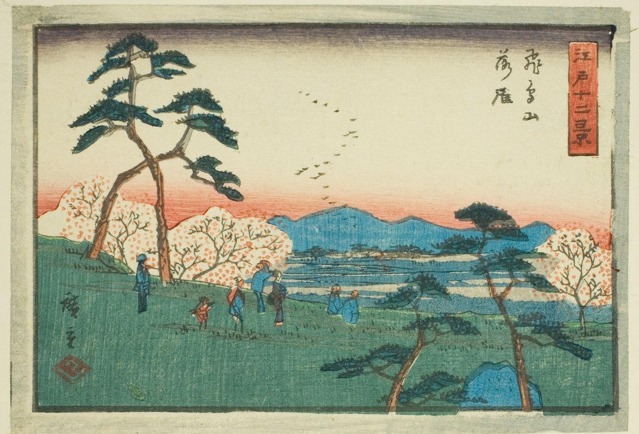 Na awangardzie Asuka ciągnie (Asukayama Rakugan) z serii „Tel ve viss of Edo (podobne do drzewa Edo)” autorstwa Utagawa Hiroshige