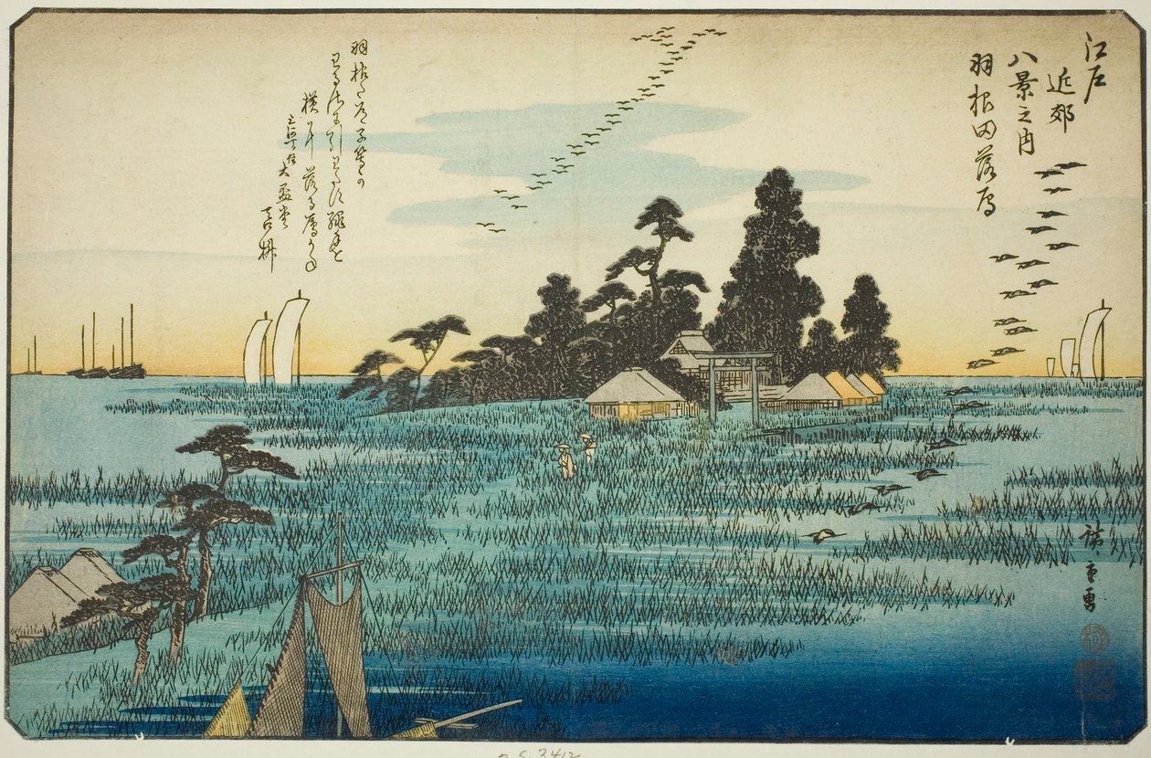 Zstępujące gęsi w Haneda (Haneda no rakugan), z serii „Osiem widoków w okolicach Edo (Edo kinko hakkei no uchi)” autorstwa Utagawa Hiroshige