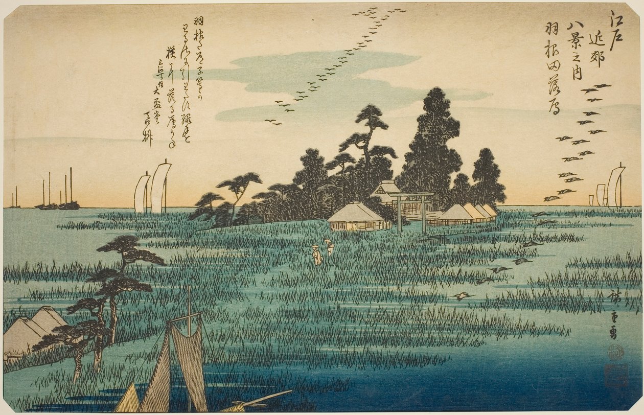 Zstępujące gęsi w Haneda (Haneda no rakugan), z serii „Osiem widoków w okolicach Edo (Edo kinko hakkei no uchi)” autorstwa Utagawa Hiroshige