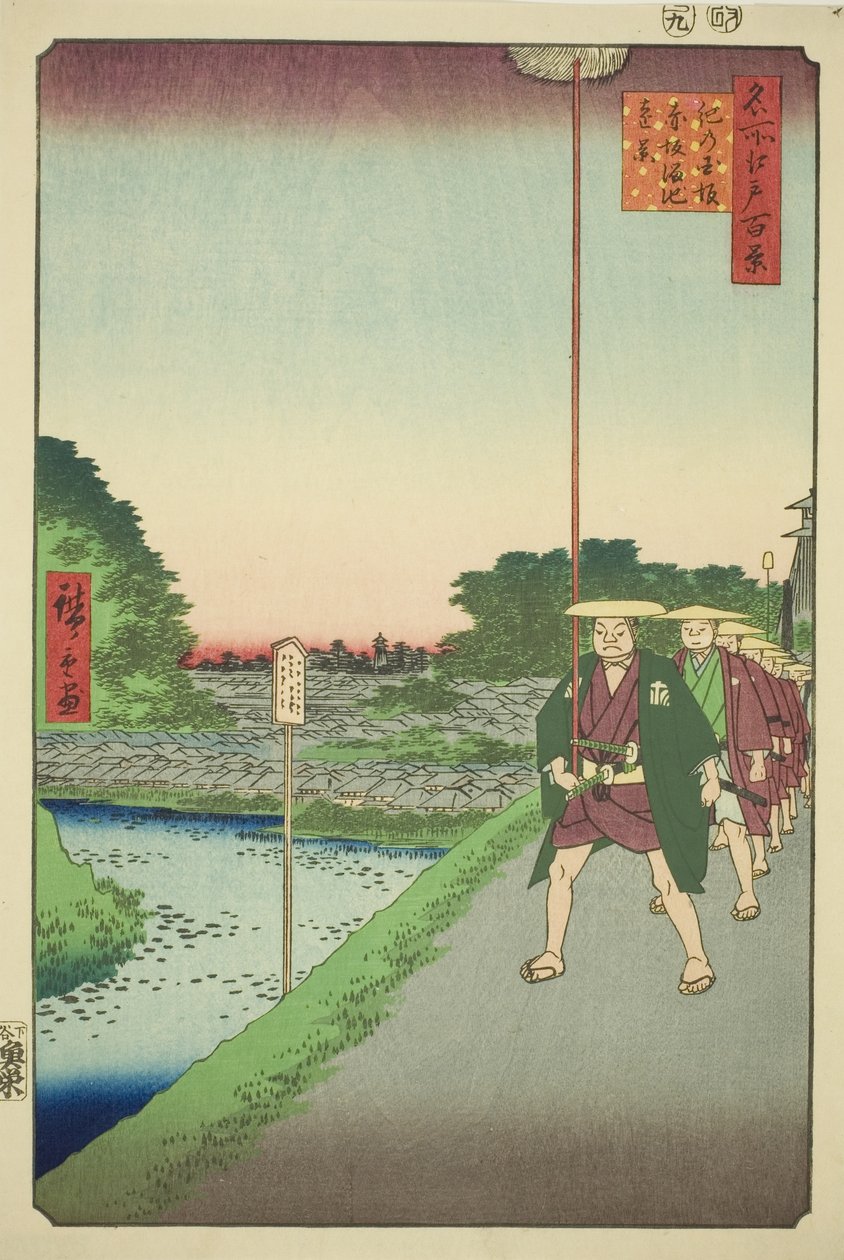 Odległy widok na zbiornik Akasaka ze zbocza Kinokuni (Kinokunizaka Akasaka Tameike enkei), z serii „Sto słynnych widoków Edo (Meisho Edo hyakkei)” autorstwa Utagawa Hiroshige