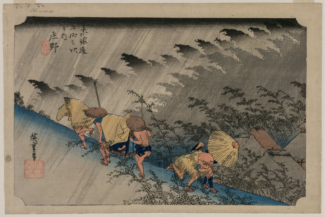 Padający deszcz w Shono (stacja 46) z serii Pięćdziesiąt trzy stacje Tokaido autorstwa Utagawa Hiroshige