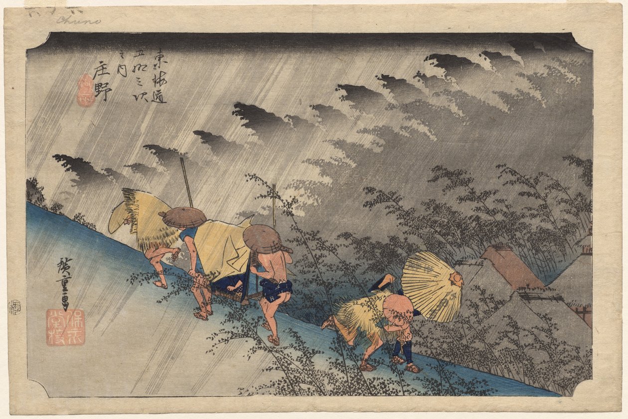 Padający deszcz w Shono (stacja 46) z serii Pięćdziesiąt trzy stacje Tokaido autorstwa Utagawa Hiroshige
