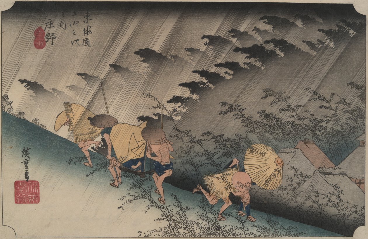 Driving Rain at Shono, z serii Pięćdziesiąt trzy stacje Tokaido autorstwa Utagawa Hiroshige