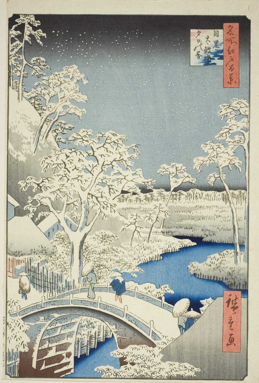 Meguro (Most Meguro Taiko, wzgórze Yuino), od strony grzbietu, Widoki Edo (Sto słynnych widoków Edo)” autorstwa Utagawa Hiroshige
