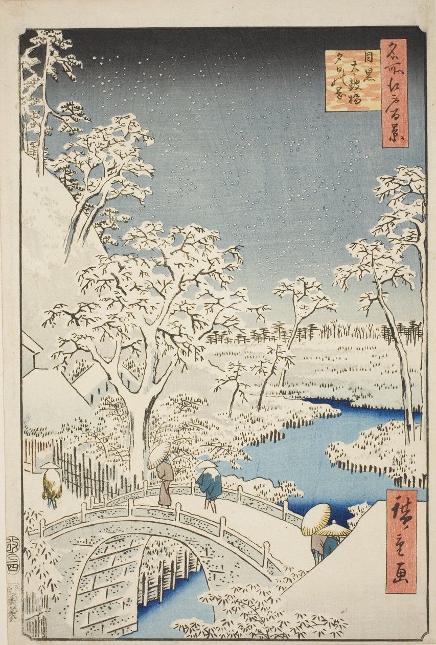 Meguro (Most Meguro Taiko, wzgórze Yuino), od strony grzbietu, Widoki Edo (Sto słynnych widoków Edo)” autorstwa Utagawa Hiroshige