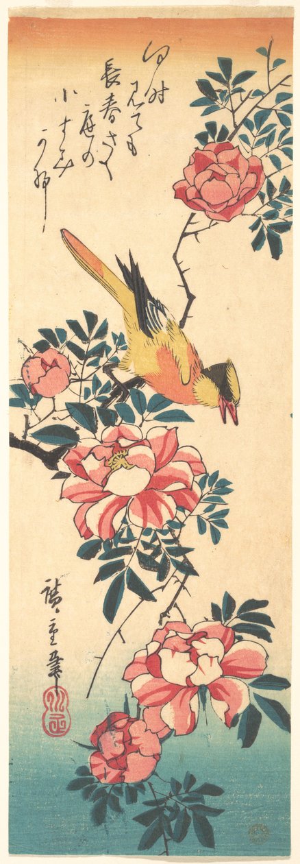 Östliche Grauwasserstelze und Rose autorstwa Utagawa Hiroshige