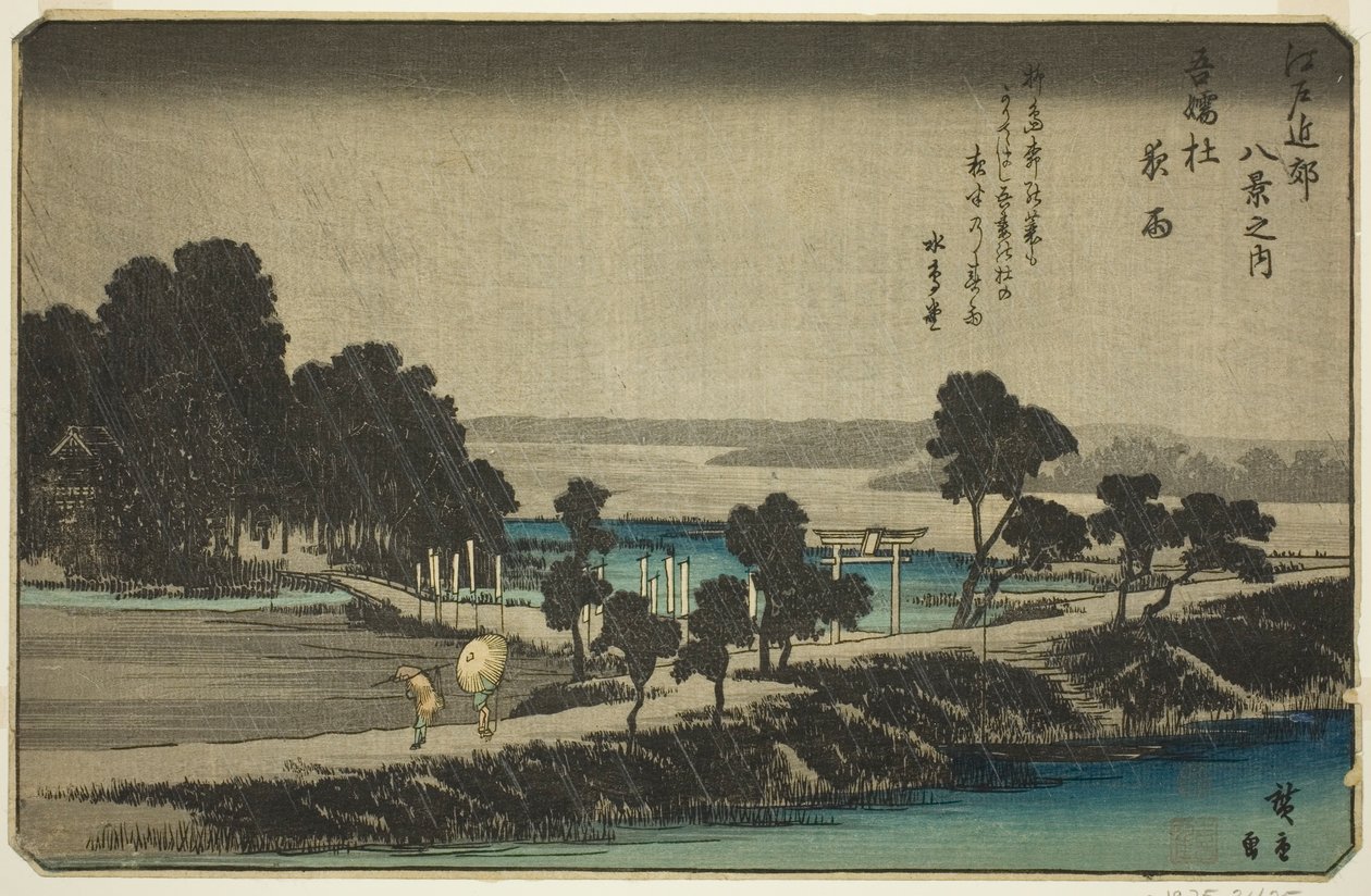 Wieczorny deszcz w Azuma Shrine (Azuma no mori yau), z serii „Osiem widoków w okolicach Edo (Edo Kinko hakkei no uchi)” autorstwa Utagawa Hiroshige