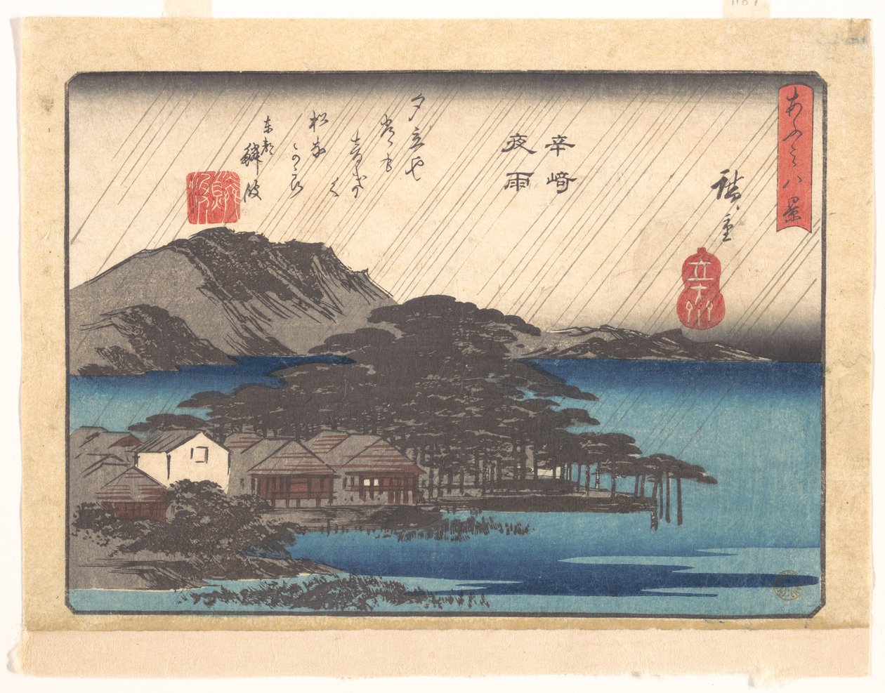 Wieczorny deszcz w Karasaki, z serii Osiem widoków Ōmi (Ōmi hakkei) autorstwa Utagawa Hiroshige