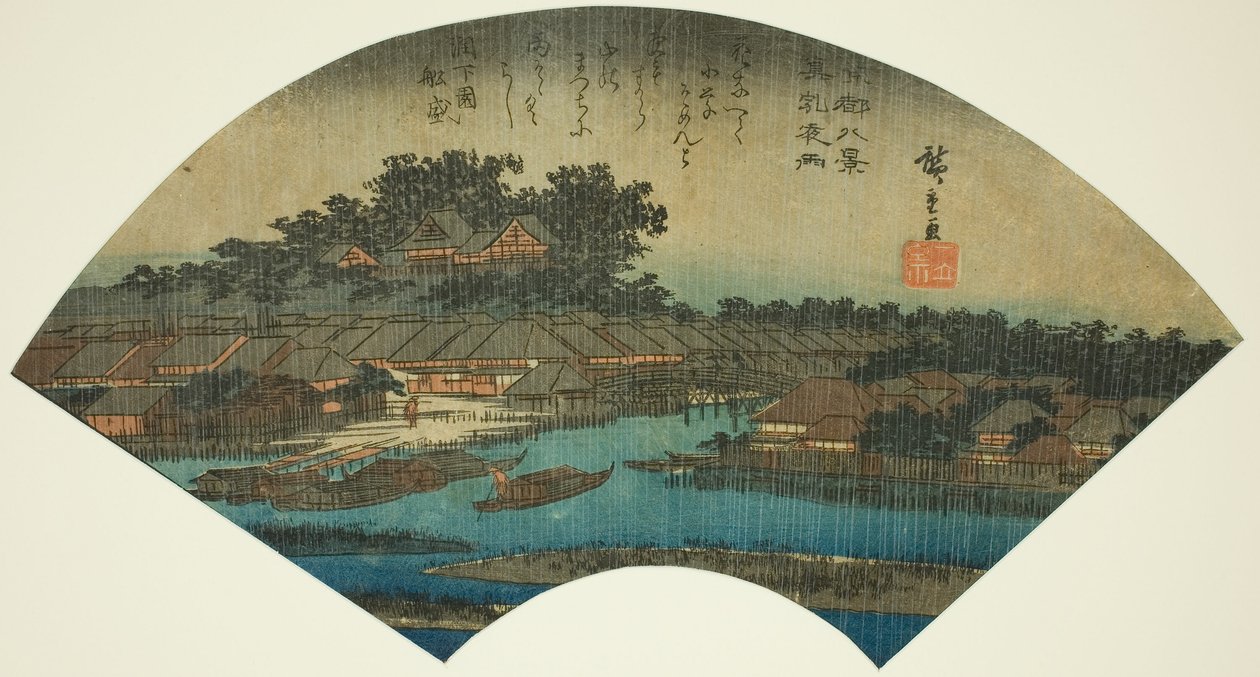 Wieczorny deszcz w Matsuchiyama (Matsuchiyama yau), z serii „Osiem widoków na wschodnią stolicę (Toto hakkei)” autorstwa Utagawa Hiroshige