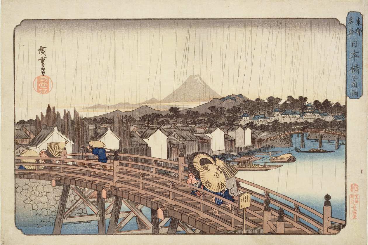 Wieczorny prysznic na moście Nihonbashi, z miejsc celebrowanych wschodniej stolicy 1832 (kolorowy nadruk w drewnie) autorstwa Utagawa Hiroshige