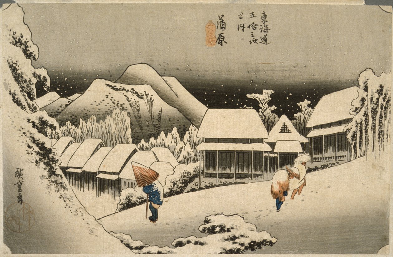 Wieczorny śnieg w Kanbara autorstwa Utagawa Hiroshige
