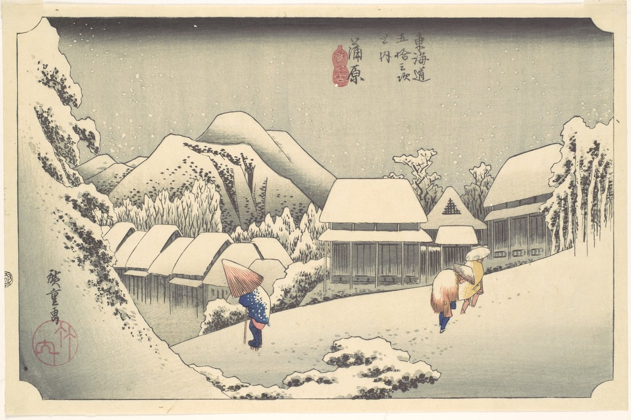 Wieczorny śnieg w Kanbarze, z serii „Pięćdziesiąt trzy stacje Tōkaidō” autorstwa Utagawa Hiroshige