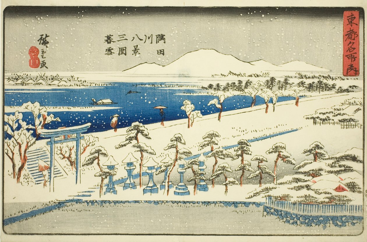 Wieczorny śnieg w Mimeguri, Osiem widoków rzeki Sumida (Sumidagawa hakkei, Mimeguri bosetsu), z cyklu „Słynne miejsca we wschodniej stolicy (Toto meisho no uchi)” autorstwa Utagawa Hiroshige