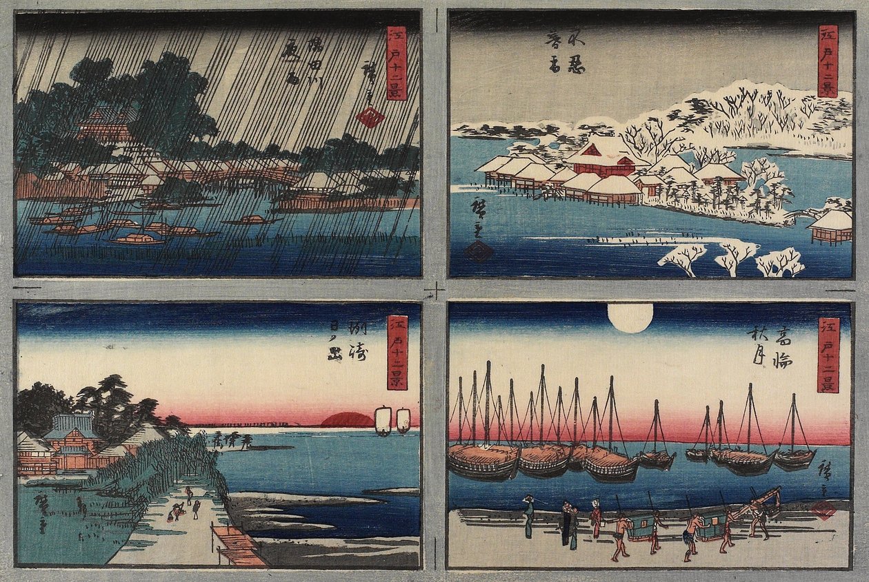 Wieczorny śnieg w Shinobazu, jesienny księżyc w Takanawie, wschód słońca w Susaki, nocny deszcz nad rzeką Sumida, 1843-1847 autorstwa Utagawa Hiroshige