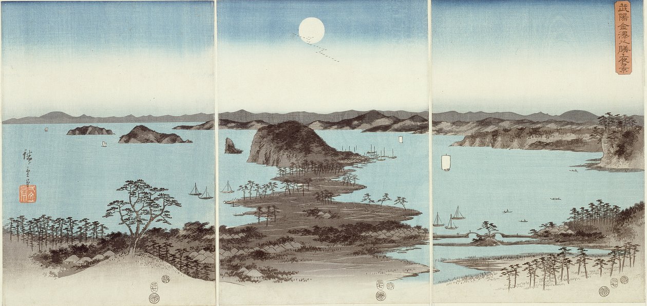 Picture Vie W of England ght Fa Net s At Kanazawa (Buyo Kanazawa Hassho Night View) autorstwa Utagawa Hiroshige