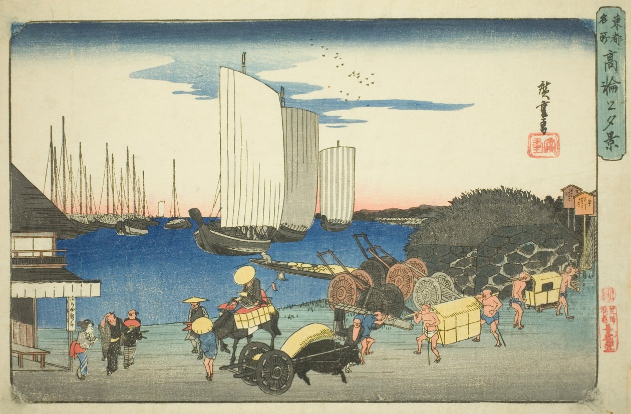 Wieczorny widok Takanawy (Takanawa no yukei), z cyklu „Słynne miejsca we wschodniej stolicy (Toto meisho)” autorstwa Utagawa Hiroshige