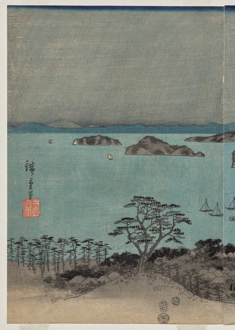 Wieczorny widok na osiem słynnych miejsc w pobliżu Kanazawy podczas pełni księżyca w prowincji Musashi autorstwa Utagawa Hiroshige