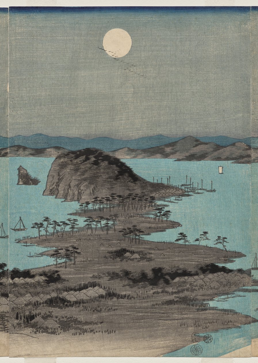 Wieczorny widok na osiem słynnych miejsc w pobliżu Kanazawy podczas pełni księżyca w prowincji Musashi autorstwa Utagawa Hiroshige