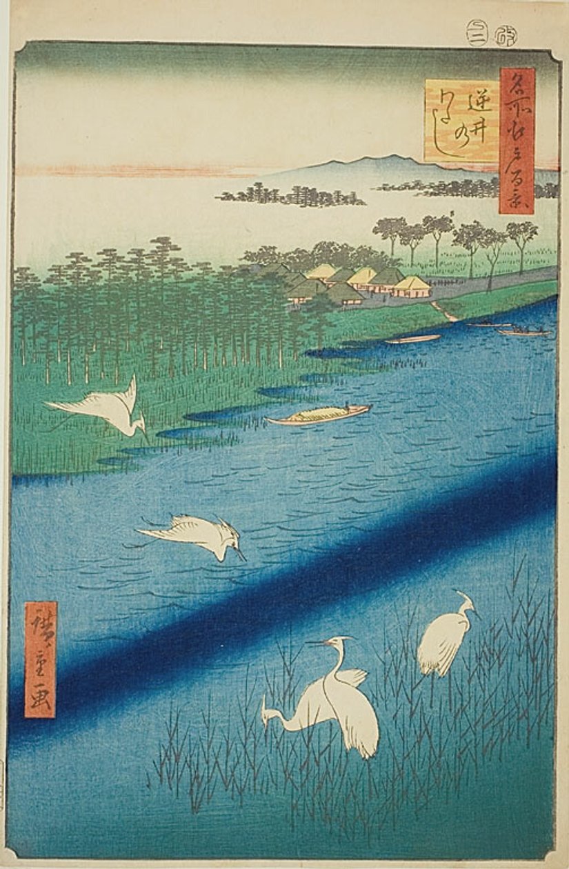 Przeprawa promowa w Sakasai (Sakasai no watashi), nr 67 z serii "Sto słynnych widoków Edo (Meisho Edo hyakkei)". autorstwa Utagawa Hiroshige