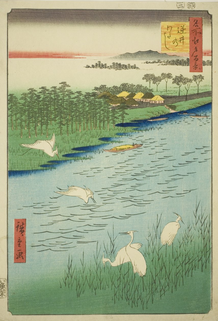 Fry C Rossing at Sakai (Me of Sakai), z serii „Grzbiet na grzbietach sieci” Widoki Edo (Sto słynnych widoków Edo)”. autorstwa Utagawa Hiroshige