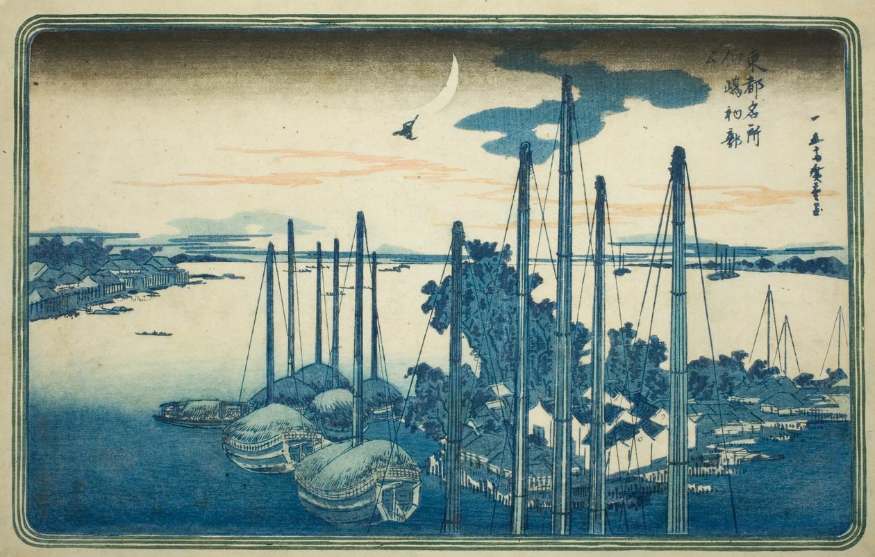 Pierwsza Kukułka Roku na wyspie Tsukuda (Tsukudajima, hatsu hototogisu) z serii „Słynne widoki na wschodnią stolicę (Toto Meisho)” autorstwa Utagawa Hiroshige