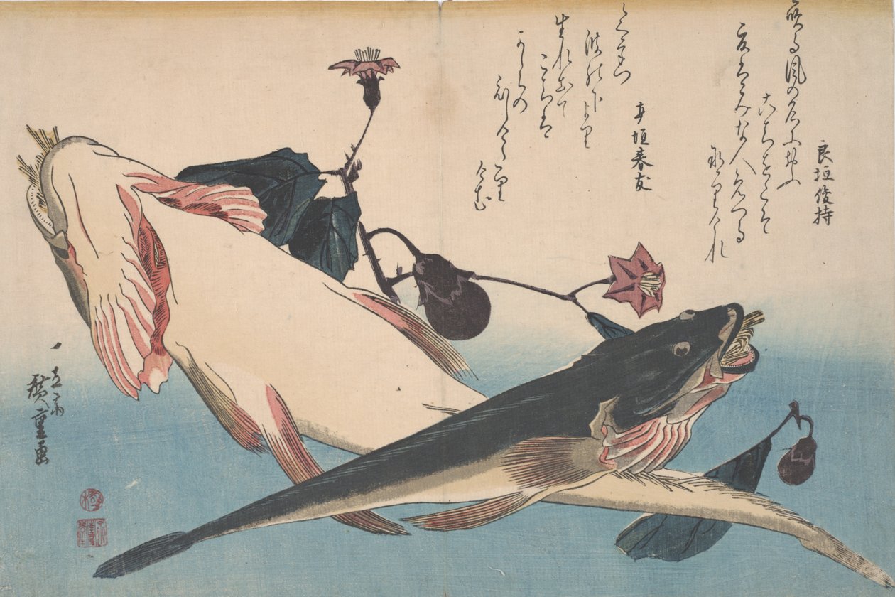 Płaskie głowy i bakłażan, ok. 1830 r. autorstwa Utagawa Hiroshige