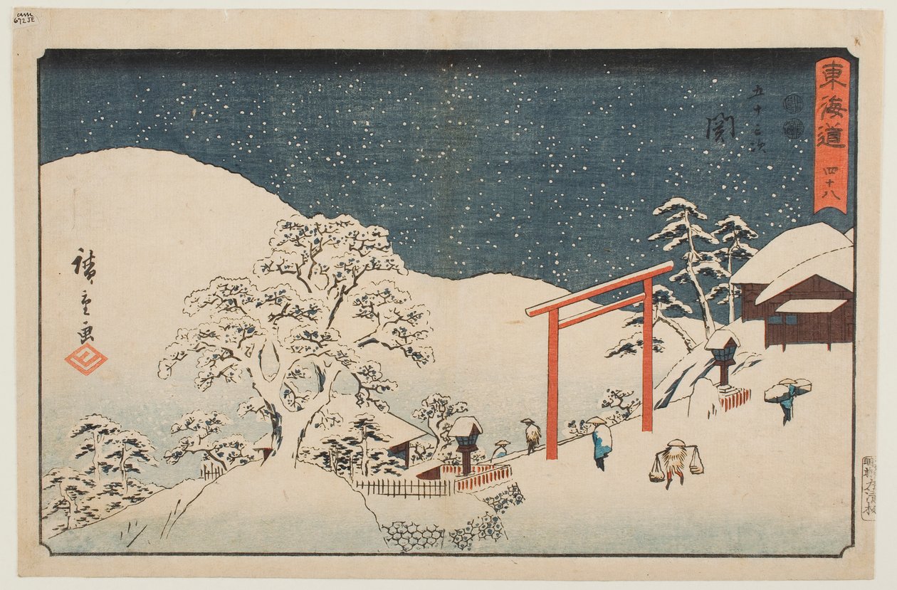 Czterdzieści osiem: Seki, z serii „Pięćdziesiąt trzy stacje Tōkaidō” autorstwa Utagawa Hiroshige