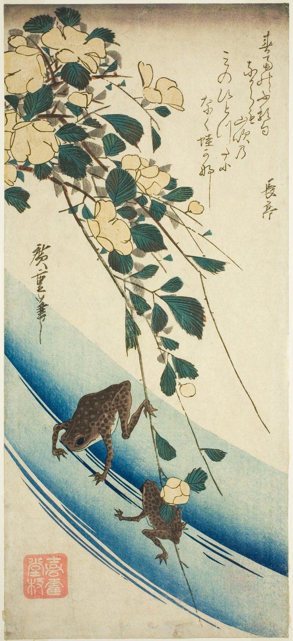 Żaby i żółta róża autorstwa Utagawa Hiroshige