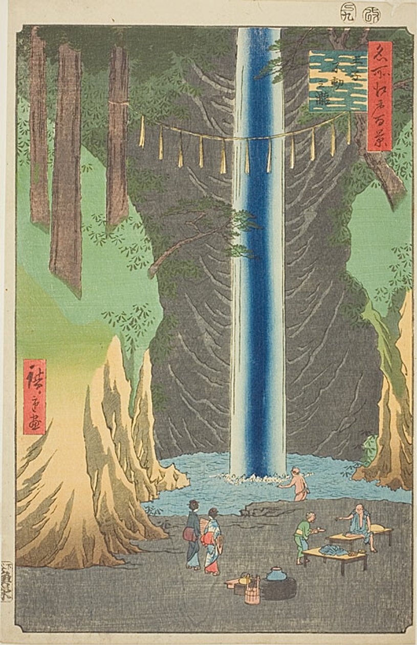 Wodospad Fudo w Oji (Oji Fudo no taki), nr 49 z serii "Sto słynnych widoków Edo (Meisho Edo hyakkei)". autorstwa Utagawa Hiroshige